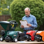 Homme en extérieur avec tondeuses de jardin et manuel