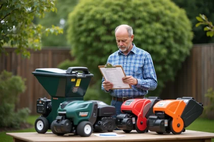 Homme en extérieur avec tondeuses de jardin et manuel