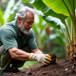 Homme d'âge moyen appliquant compost autour d'une banane en jardin