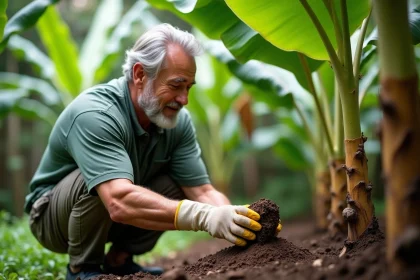 Homme d'âge moyen appliquant compost autour d'une banane en jardin