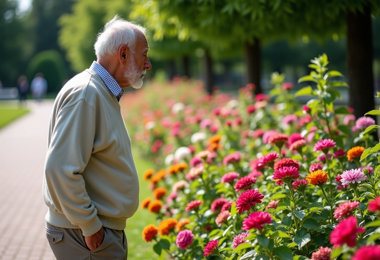 Homme âgé admirant un parterre de fleurs dans un parc