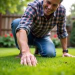 Homme d'âge moyen en jeans et chemise à carreaux dans un jardin verdoyant