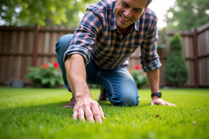 Homme d'âge moyen en jeans et chemise à carreaux dans un jardin verdoyant