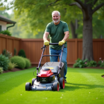 Homme d'âge moyen avec tondeuse dans un jardin verdoyant