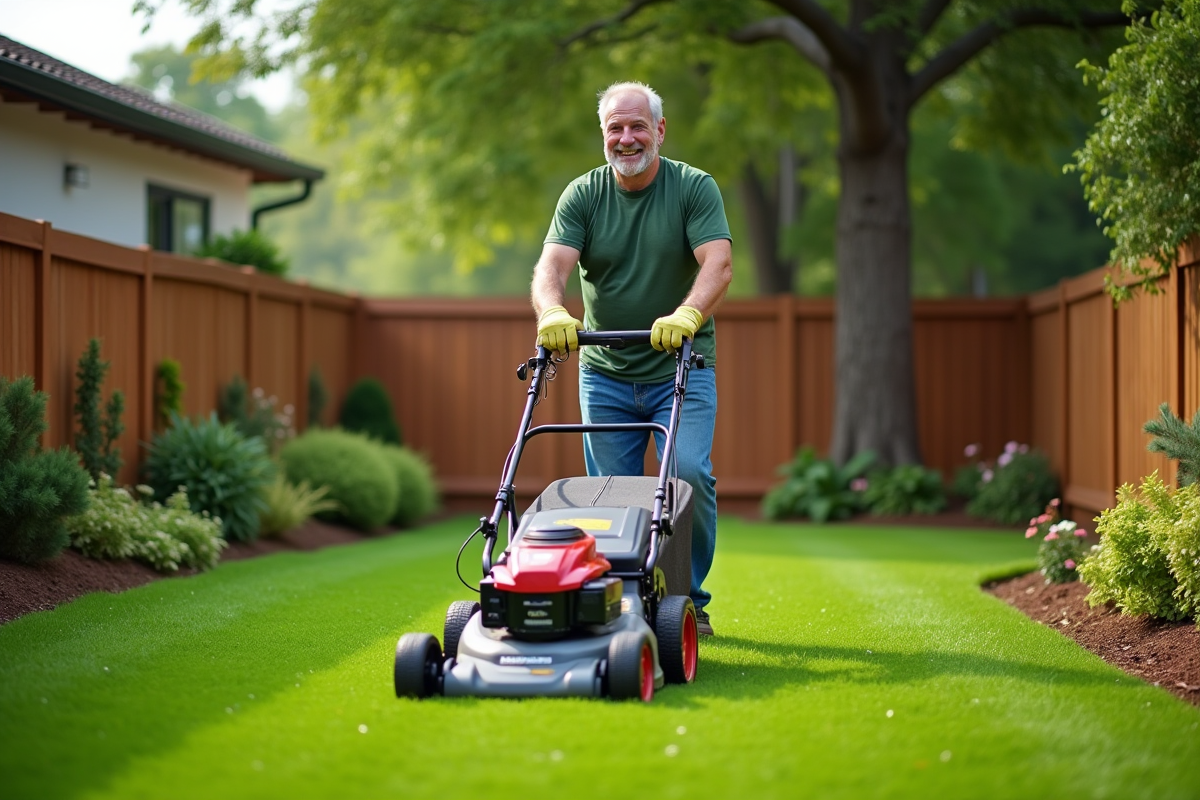 Homme d'âge moyen avec tondeuse dans un jardin verdoyant