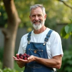 Homme jardinier souriant tenant des mûres mûres dans la main
