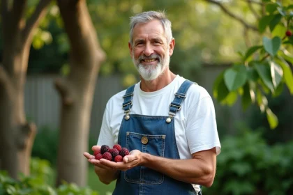 Homme jardinier souriant tenant des mûres mûres dans la main