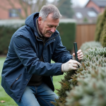 Homme mesurant la hauteur dans un jardin d'hiver