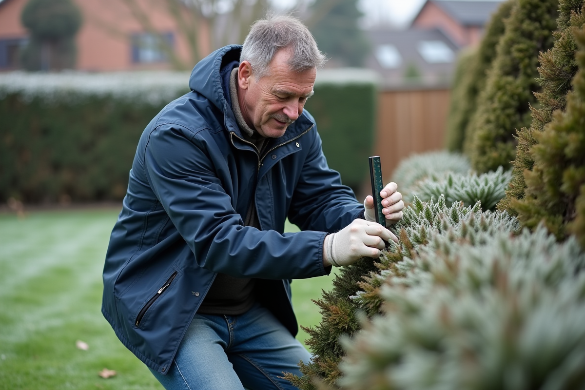 Homme mesurant la hauteur dans un jardin d'hiver