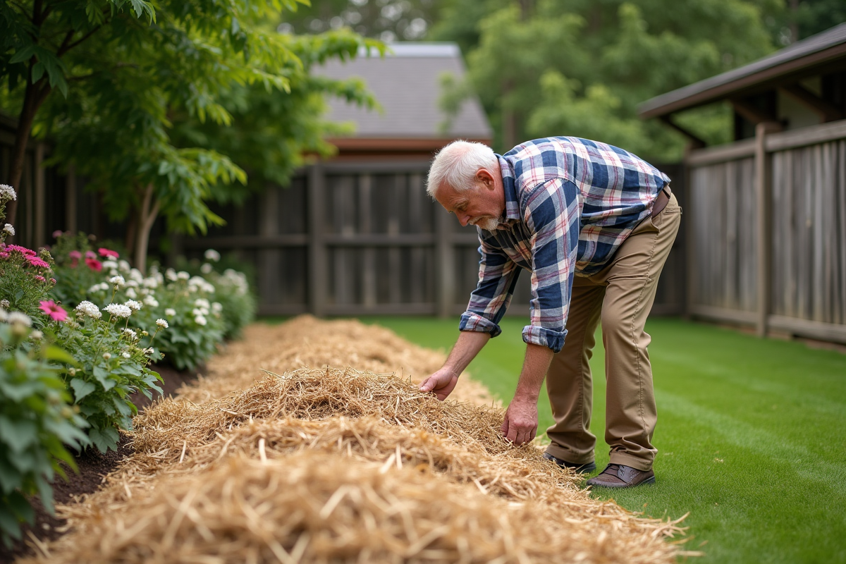 Homme inspectant un lit de paillis de paille dans le jardin