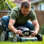Homme d'âge moyen nettoyant une tondeuse dans le jardin