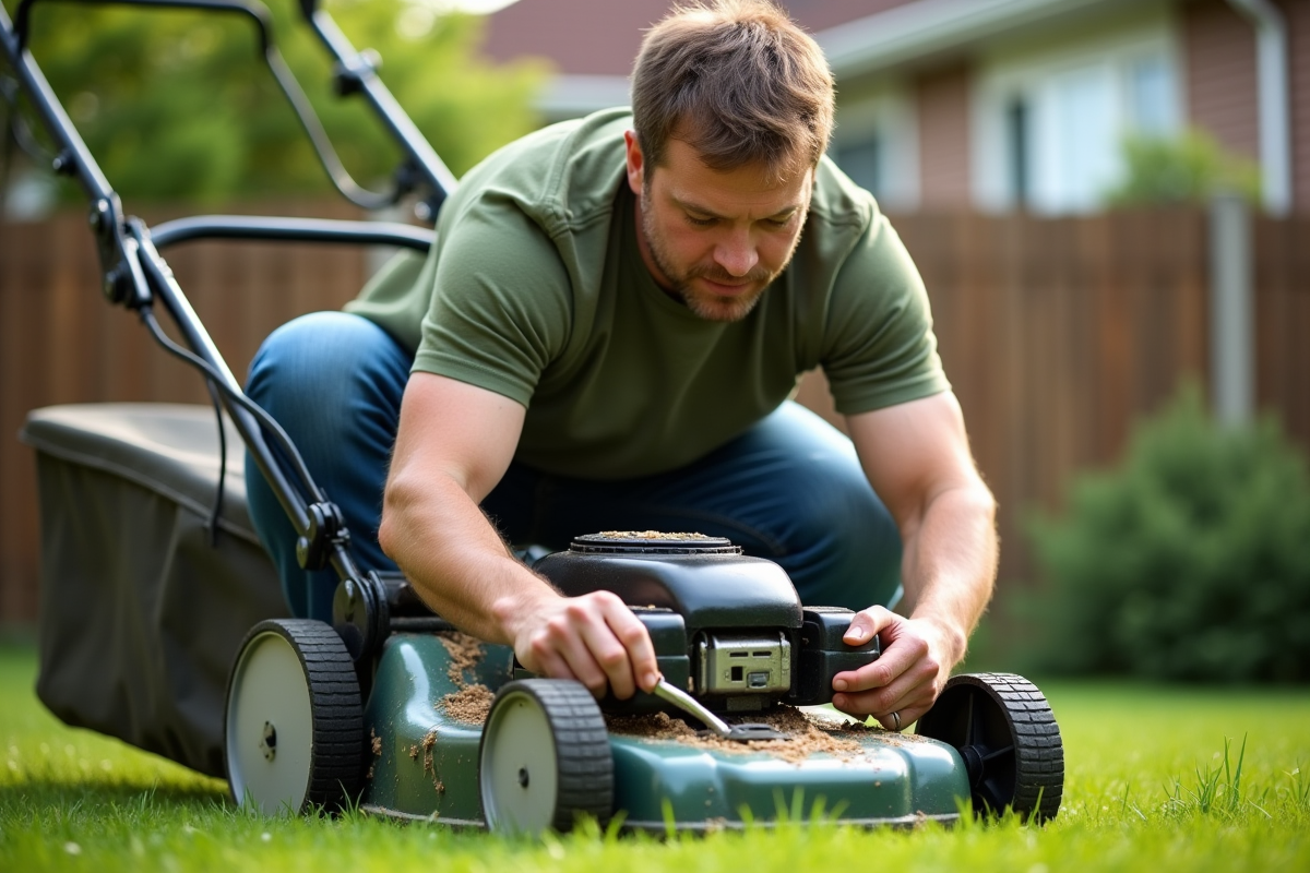 Homme d'âge moyen nettoyant une tondeuse dans le jardin