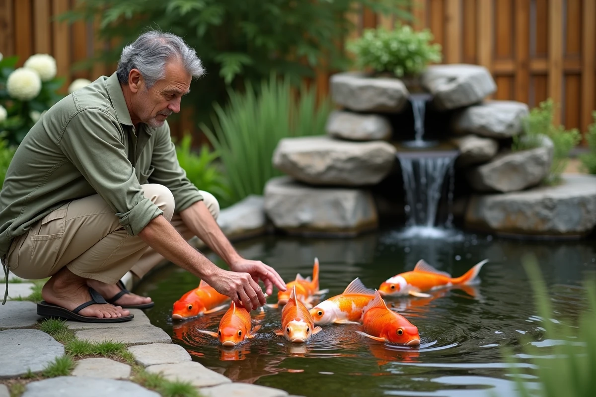 Homme nourrissant des carpes koï dans un bassin de jardin résidentiel orné de dalles en ardoise et d'une cascade décorative
