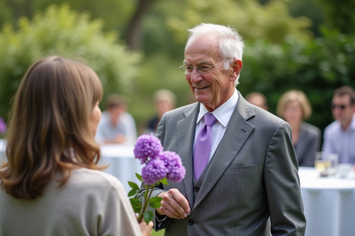 Homme âgé offrant un lisianthus à une femme dans un jardin