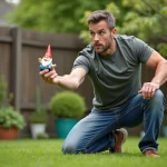 Homme en jardin tenant un nain de jardin en céramique coloré, adoptant une posture de lancer concentrée pour illustrer la physique du lancer