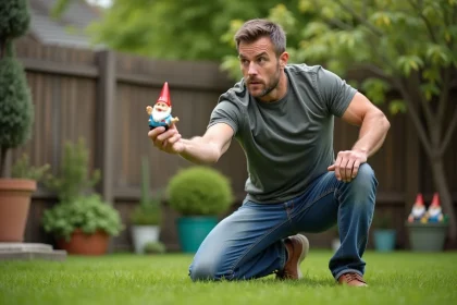 Homme en jardin tenant un nain de jardin en céramique coloré, adoptant une posture de lancer concentrée pour illustrer la physique du lancer
