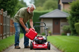 Homme versant de l'essence dans le réservoir d'une tondeuse à gazon dans un jardin suburban