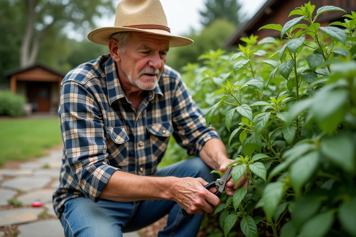 Homme âgé taillant un basilic avec des ciseaux de jardin