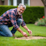 Homme en jeans et chemise à carreaux tondant la pelouse