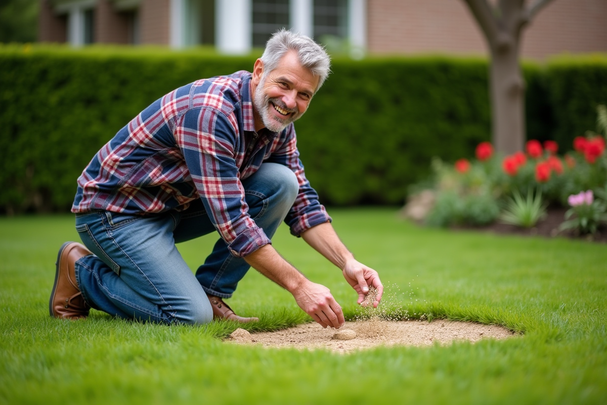 Homme en jeans et chemise à carreaux tondant la pelouse