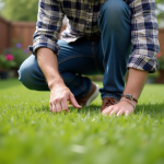 Homme en jeans et chemise à carreaux taillant la pelouse