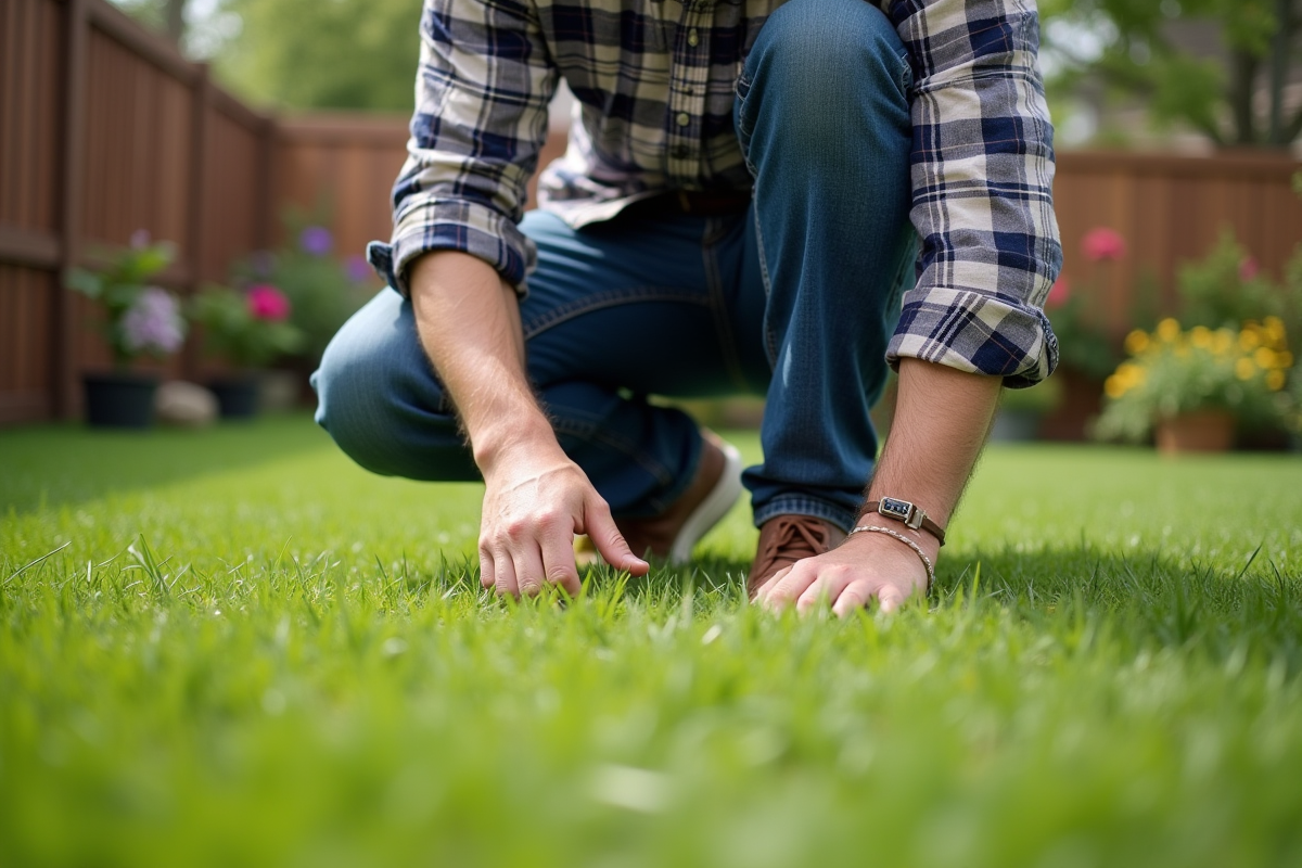 Homme en jeans et chemise à carreaux taillant la pelouse