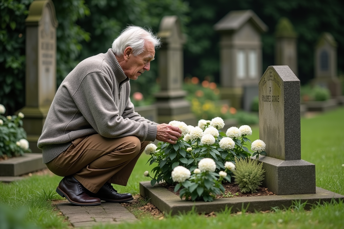 Homme âgé soignant des chrysanthèmes sur une tombe