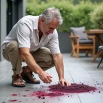 Homme inspectant une terrasse tachée de mûres tombées
