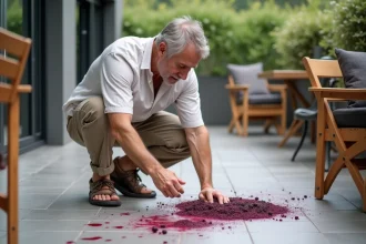 Homme inspectant une terrasse tachée de mûres tombées