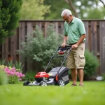 Homme inspectant une tondeuse à batterie dans son jardin