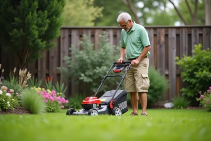 Homme inspectant une tondeuse à batterie dans son jardin