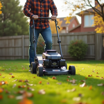 Homme d'âge moyen tondant la pelouse en automne dans un jardin