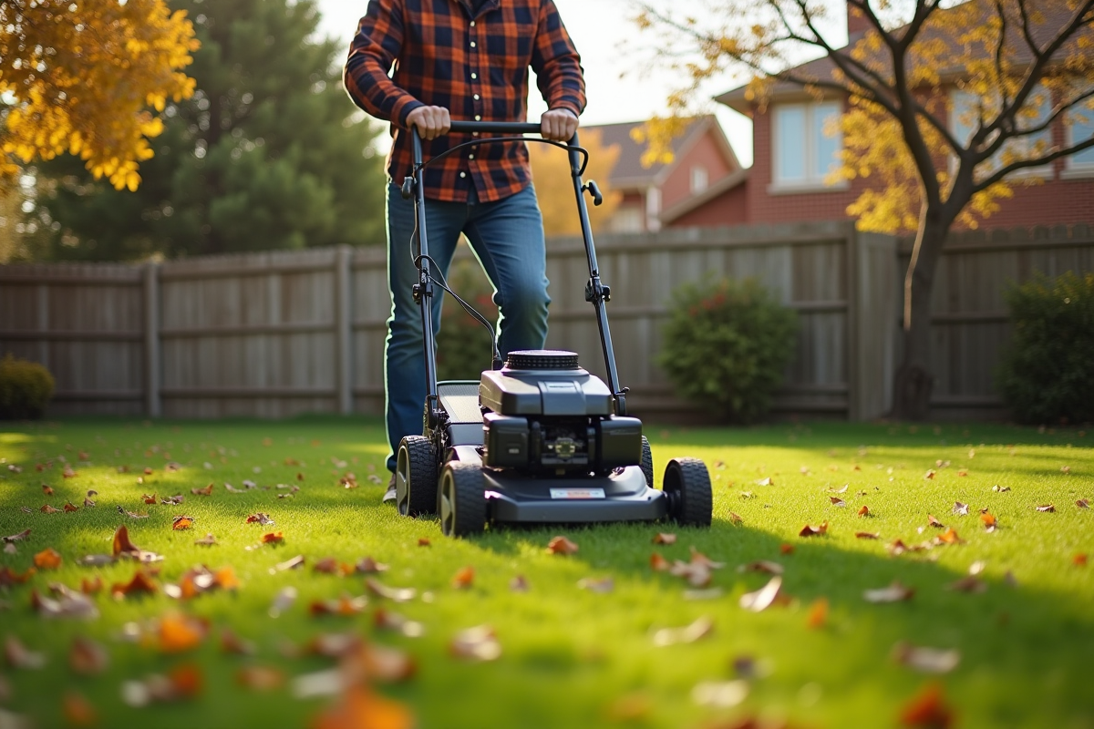 Homme d'âge moyen tondant la pelouse en automne dans un jardin