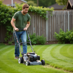Homme d'âge moyen tondant la pelouse dans un jardin