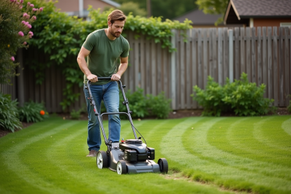 Homme d'âge moyen tondant la pelouse dans un jardin
