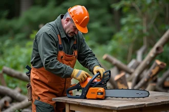 Homme en tenue de protection verse huile dans une scie électrique