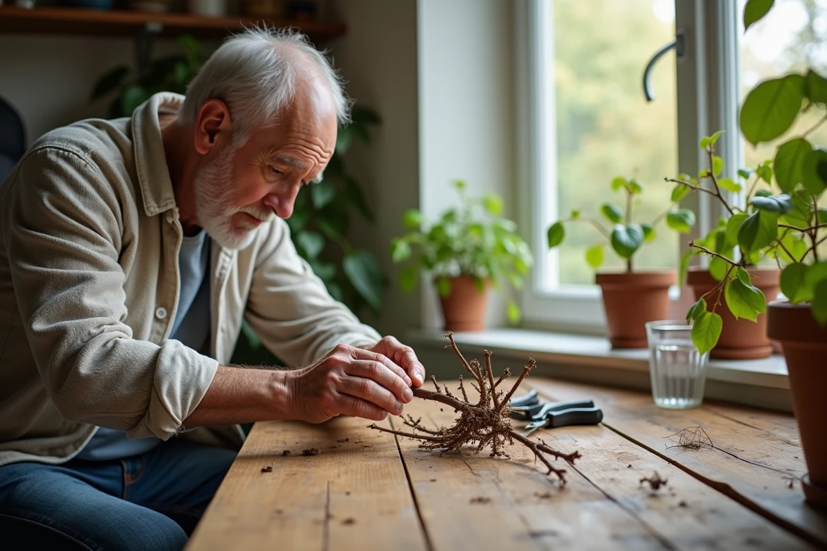 Homme âgé taillant un lilas pour propagation