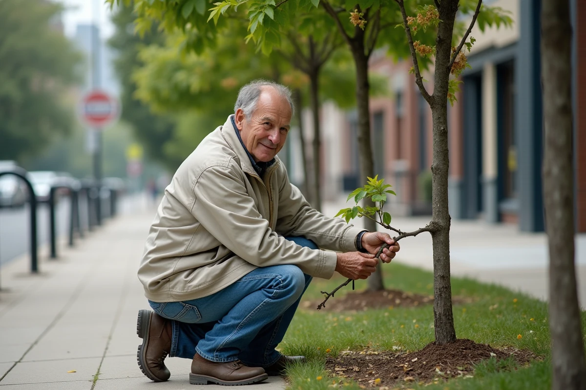 Homme attachant une branche d un arbre crepe myrtle en ville