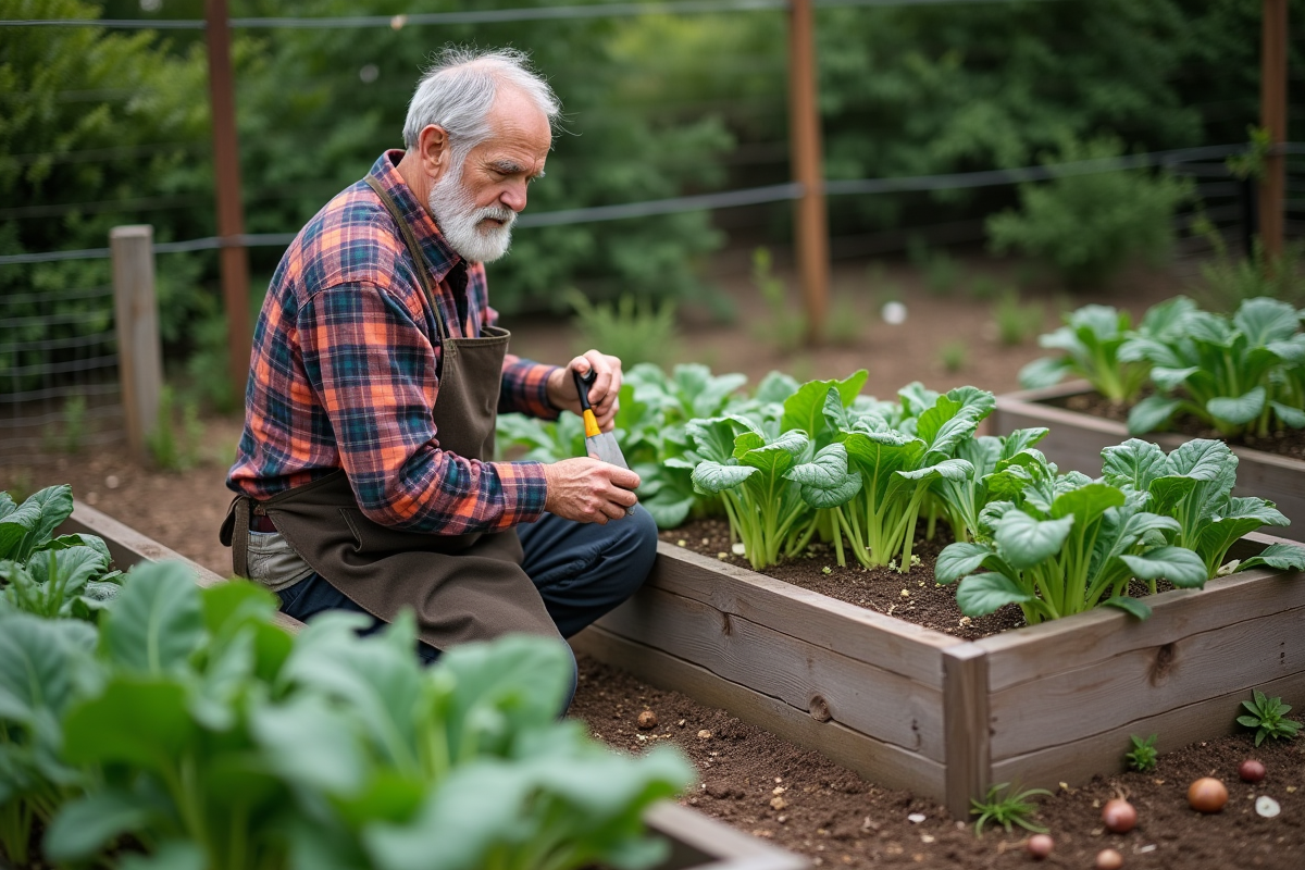Homme âgé inspectant des épinards dans un jardin rural