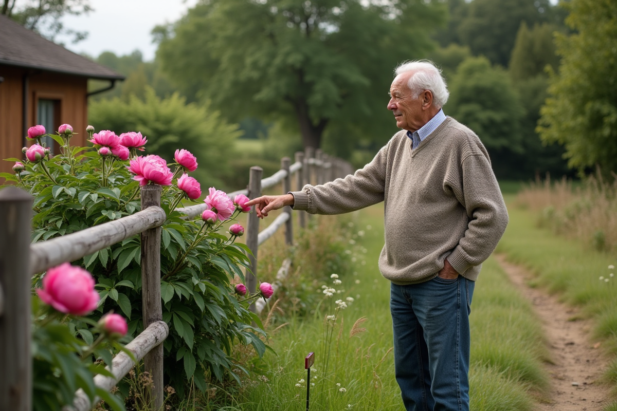Homme âgé pointant vers des pivoines en fleurs près d