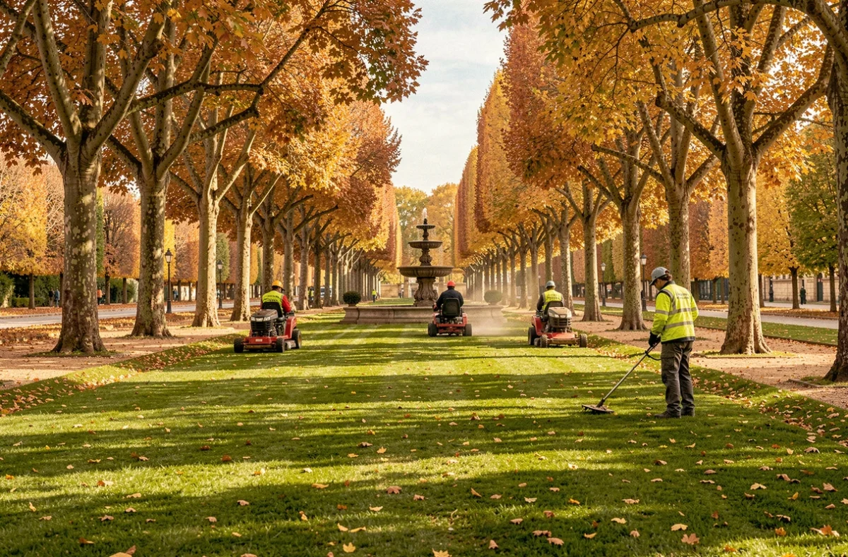 Équipe d'ID VERDE entretenant un grand parc municipal de Dijon avec des tondeuses autoportées et des coupe-bordures sous une canopée d'arbres aux couleurs d'automne