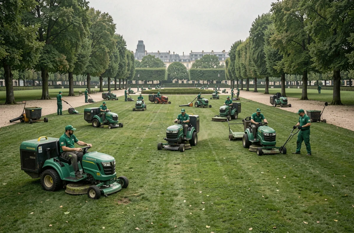 Grande équipe idverde en uniforme entretenant un vaste parc public dans le 93