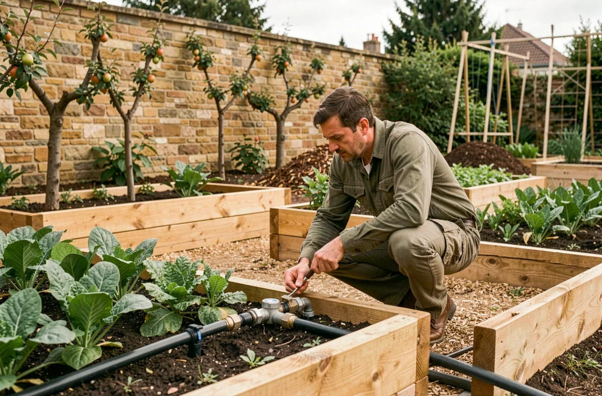 Professionnel multiservice d'ILEO vérifiant un système d'irrigation automatique dans un jardin potager privé à Dijon avec des carrés de culture surélevés et des fruitiers en espalier