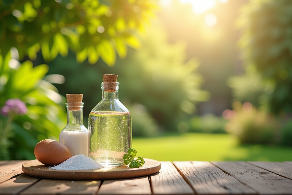 Ingrédients naturels comme vinaigre sel et spray sur table en jardin