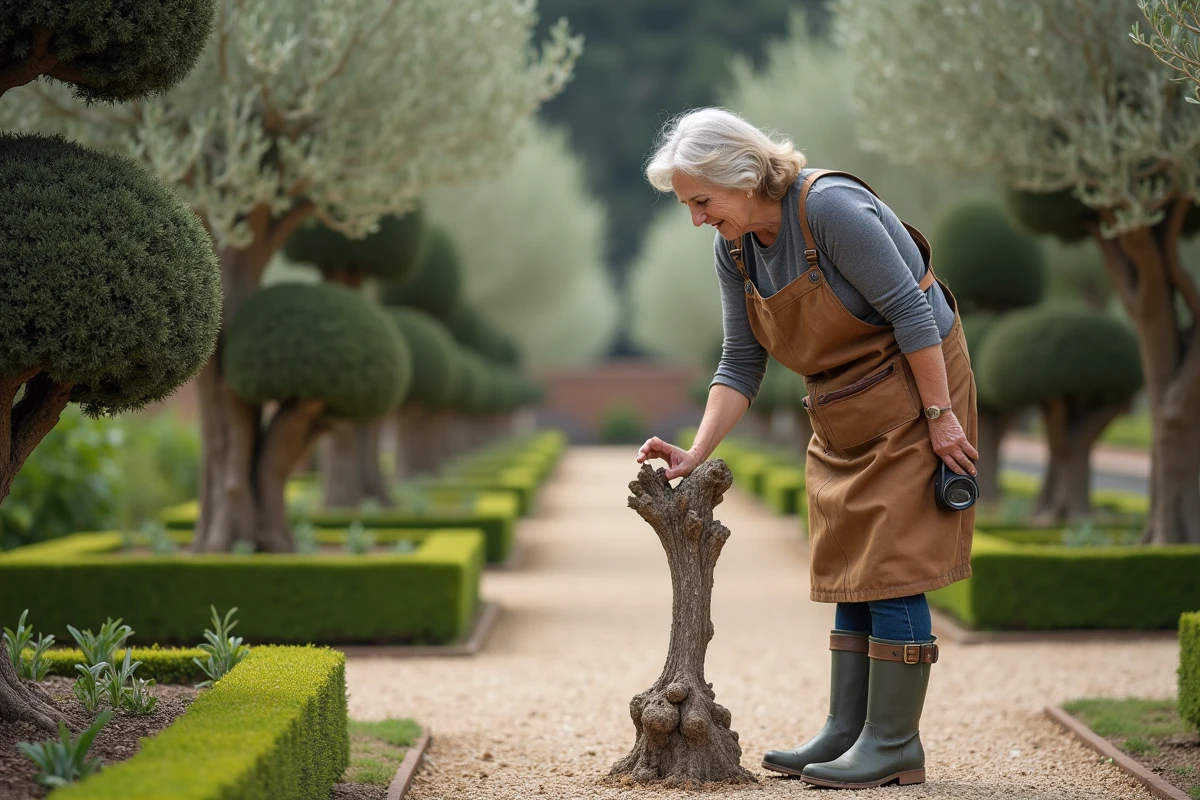 Horticultrice inspectant la coupe nette d'un olivier taillé en nuage dans un jardin formel