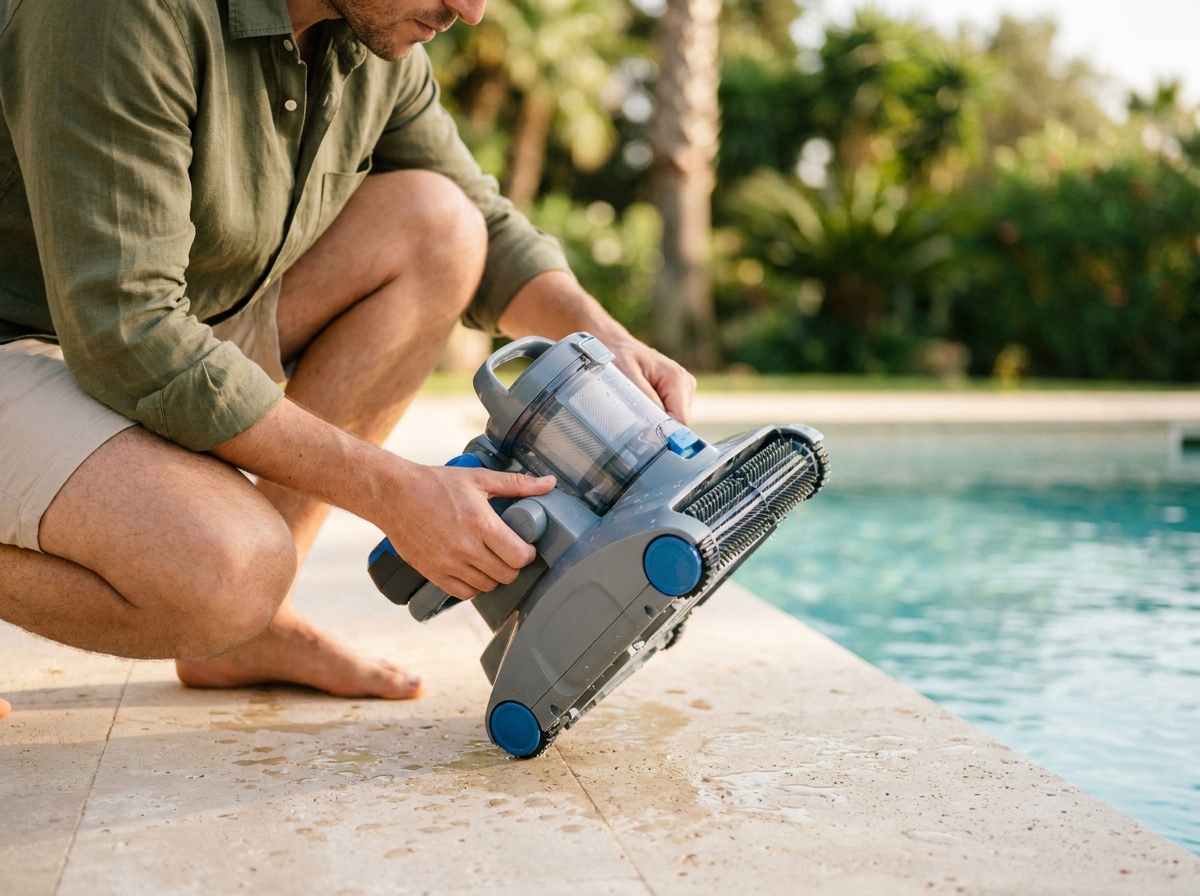 Personne inspectant le panier filtrant d'un robot de piscine sans fil au bord d'une piscine extérieure en travertin