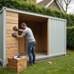 Homme isolant un conteneur abri de jardin avec des panneaux de mousse rigide en automne