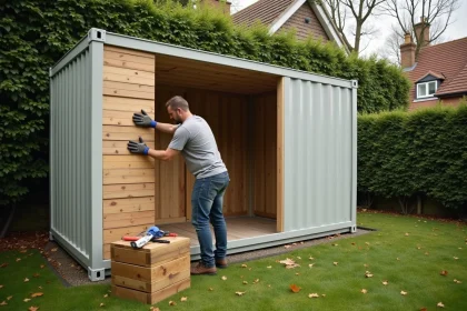 Homme isolant un conteneur abri de jardin avec des panneaux de mousse rigide en automne