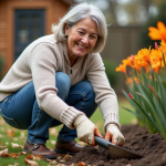 Femme jardinant avec gants et pelle dans un jardin automnal