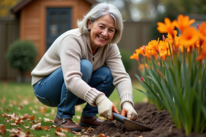Femme jardinant avec gants et pelle dans un jardin automnal